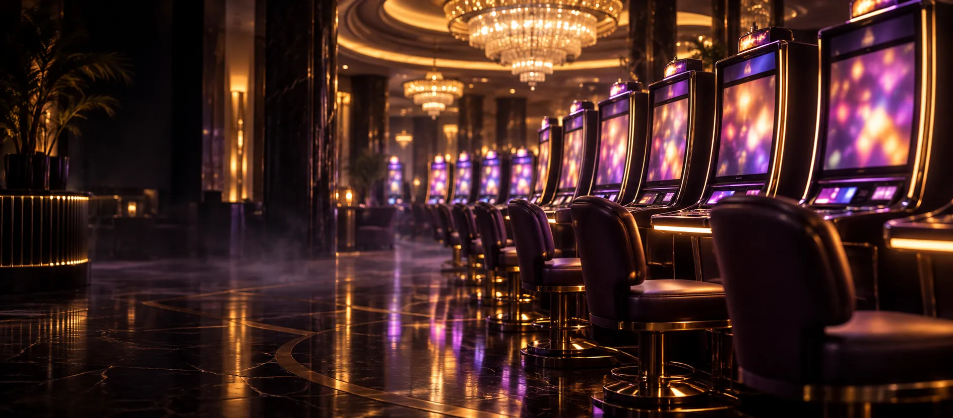 Here2Win Casino row of glowing pokie cabinets under crystal chandeliers on a polished black floor
