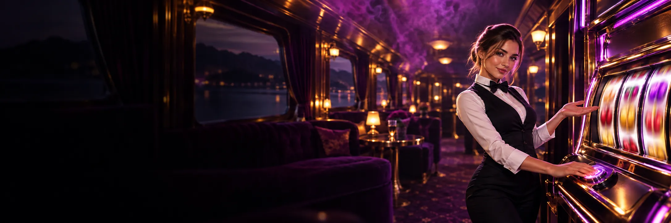 Here2Win Casino croupier in a bow tie reaching toward a spinning slot machine in a purple and gold lounge car