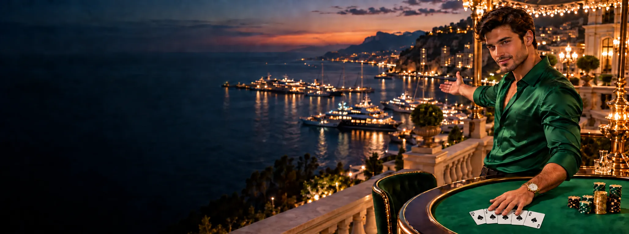 Here2Win Casino card table on a harbour terrace, with a man in a green shirt and lit yachts at dusk behind him