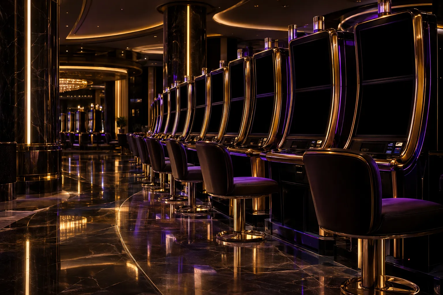 Here2Win Casino lounge with a row of dark slot cabinets and gold-trimmed stools on a polished marble floor