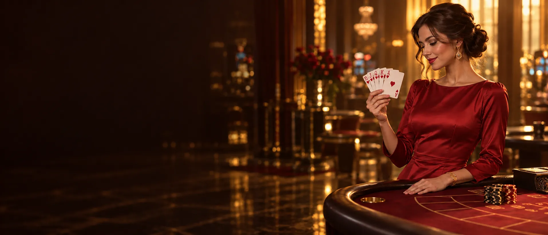 Woman in a red satin dress studying a fan of cards from ten to ace at a red felt table with chips at Here2Win Casino
