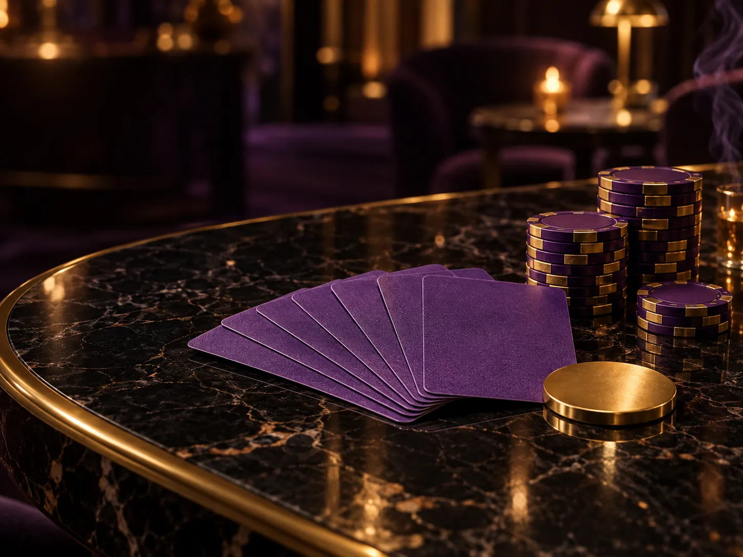 Here2Win Casino marble table with a fan of purple card backs, stacked purple chips and a gold disc